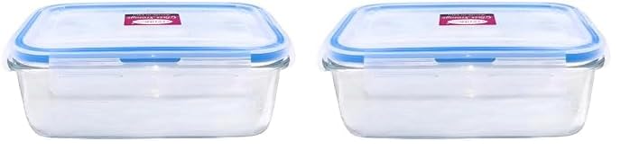 FEELINGS 1000 ML(33oz) Glass Meal Containers Glass Partition Storage With Blue Silicone Clear Blue Lid, Glass Food Storage Containers, Glass Containers for Kitchen Storage & Lunch (Pack of 2)