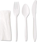 MARKQ [Pack of 50] White Plastic Cutlery Set with Napkins - Disposable Cutlery Set for Camping, Travel & Party Supplies (Knife, Fork, Spoon, Napkin)