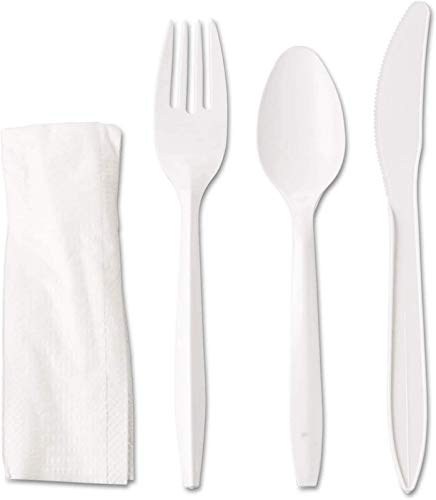 MARKQ [Pack of 50] White Plastic Cutlery Set with Napkins - Disposable Cutlery Set for Camping, Travel & Party Supplies (Knife, Fork, Spoon, Napkin)