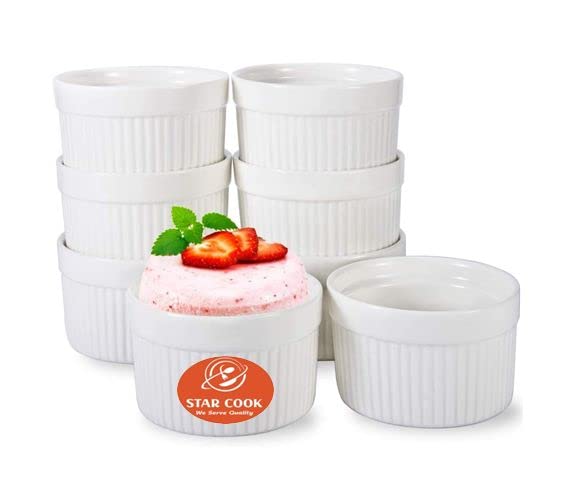 Star Cook Ramekin Bowls 8OZ 8 PCS Bakeware Set for Baking and Cooking, Oven Safe Sleek Porcelain Colorful Ramikins for Pudding, Creme Brulee, Custard Cups and Souffle Small instant table tray