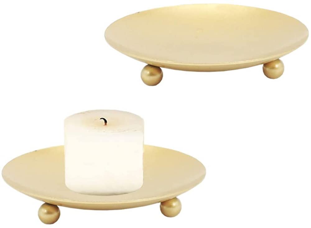 BERTY·PUYI Decorative Iron Pillar Candle Plate 3 Pieces Metal Candle Holders Iron Storage Tray Golden Wedding Party Decoration