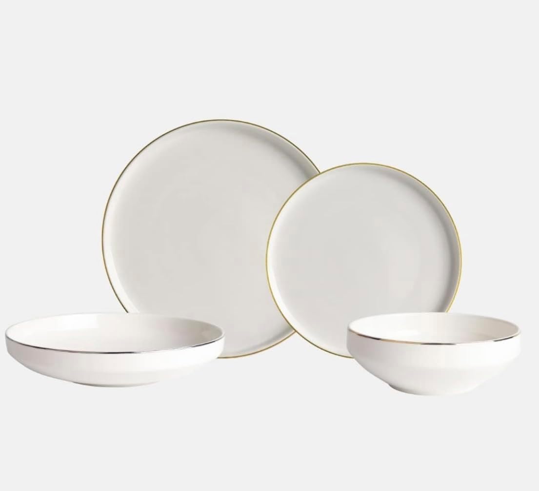 24 Piece Dinner Set for 6 People White Crockery with Gold Rim Scandinavian Porcelain Dinnerware Set - Golden House Pure Gold rim