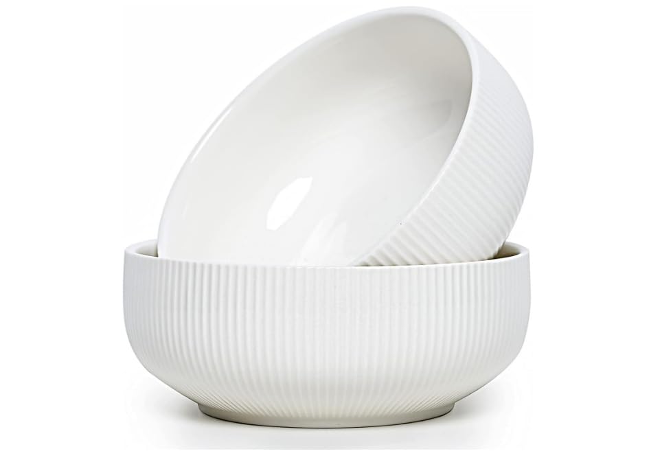 Salad Bowl 2 Pack, Ceramic Serving Bowl Set, Deep Bowl for Kitchen, White Big Pasta bowl for Soup, Cereal, Salad, Pasta, Ramen, Fruit, Microwave and Dishwasher Safe, 8IN 1700ML