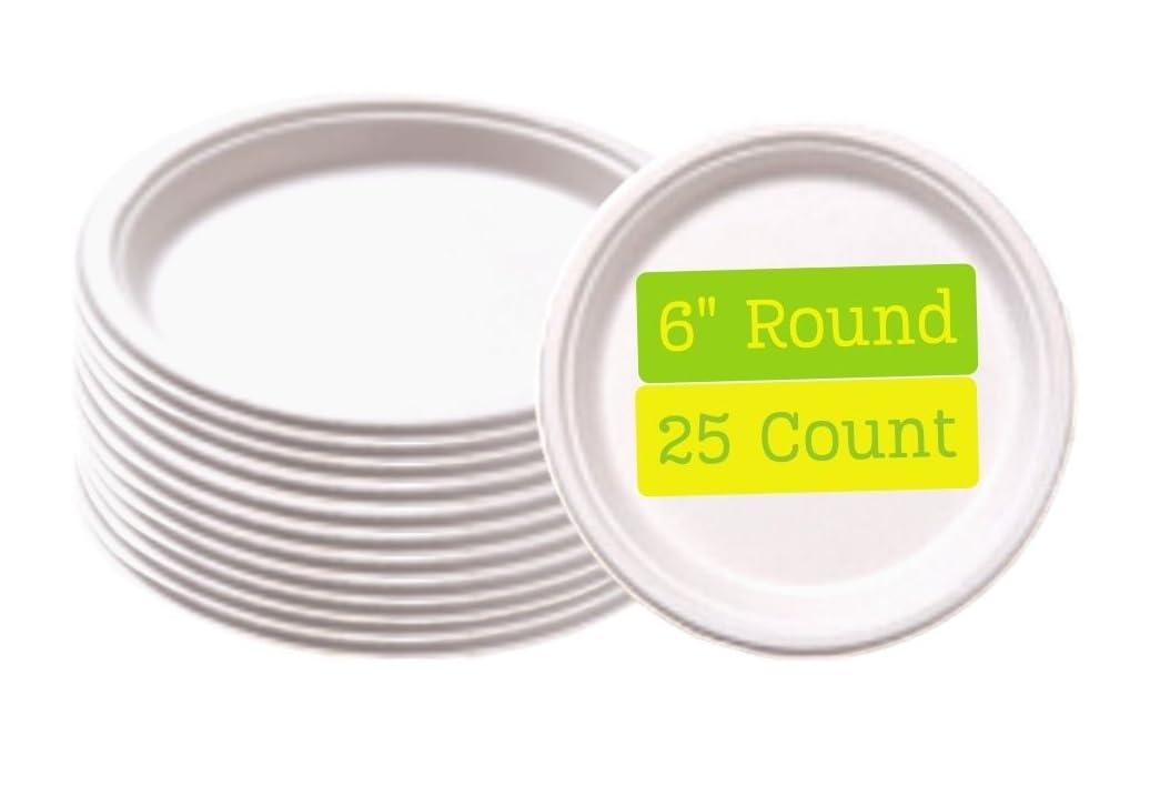 EVAARA (6 Inch) [25 Pack] Biodegradable Disposable Plates | Round Plates | Sugarcane Bagasse | Eco-Friendly | Compostable Meal Plate | Leak Proof