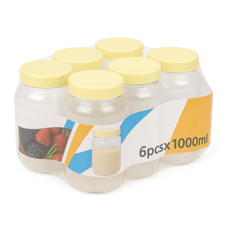 Fitto PET Jar 1000 ML 6PC Set, Clear Plastic Storage Containers with Lids for Kitchen, Pantry, Food Storage