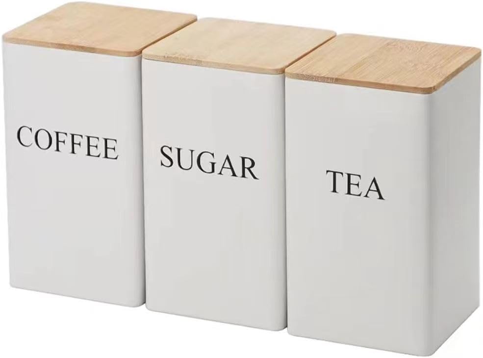 Tea Coffee Sugar Canisters, 3 Piece of Metal Canister Storage Jar Container Set With Bamboo Lid White 1000ML