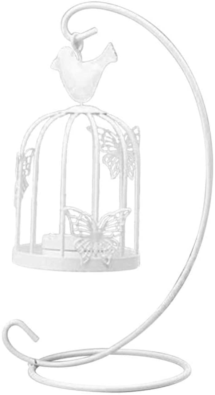 qiuqiu Birdcage Candle Holder, Vintage Hanging Candlestick Butterfly Pattern Lantern, Wind Proof Metal Candlestick for Party Wedding Home Decoration-White