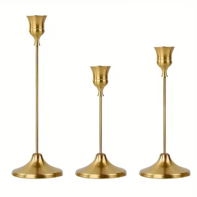 3 pcs Elegant Golden Metal Candle Holder Set. Vintage Polished Finish,Tabletop Candle Stand for Romantic Dinners,Home Decor,Wedding, Birthday, Party,New Year Decorations.Candles not included