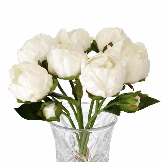 Artificial Peony Flowers 14 Inch White Real Touch Faux Peonies (6 Flowers, 2 Buds) for Home Decor, Table & Entryway Décor, Wedding Centerpieces