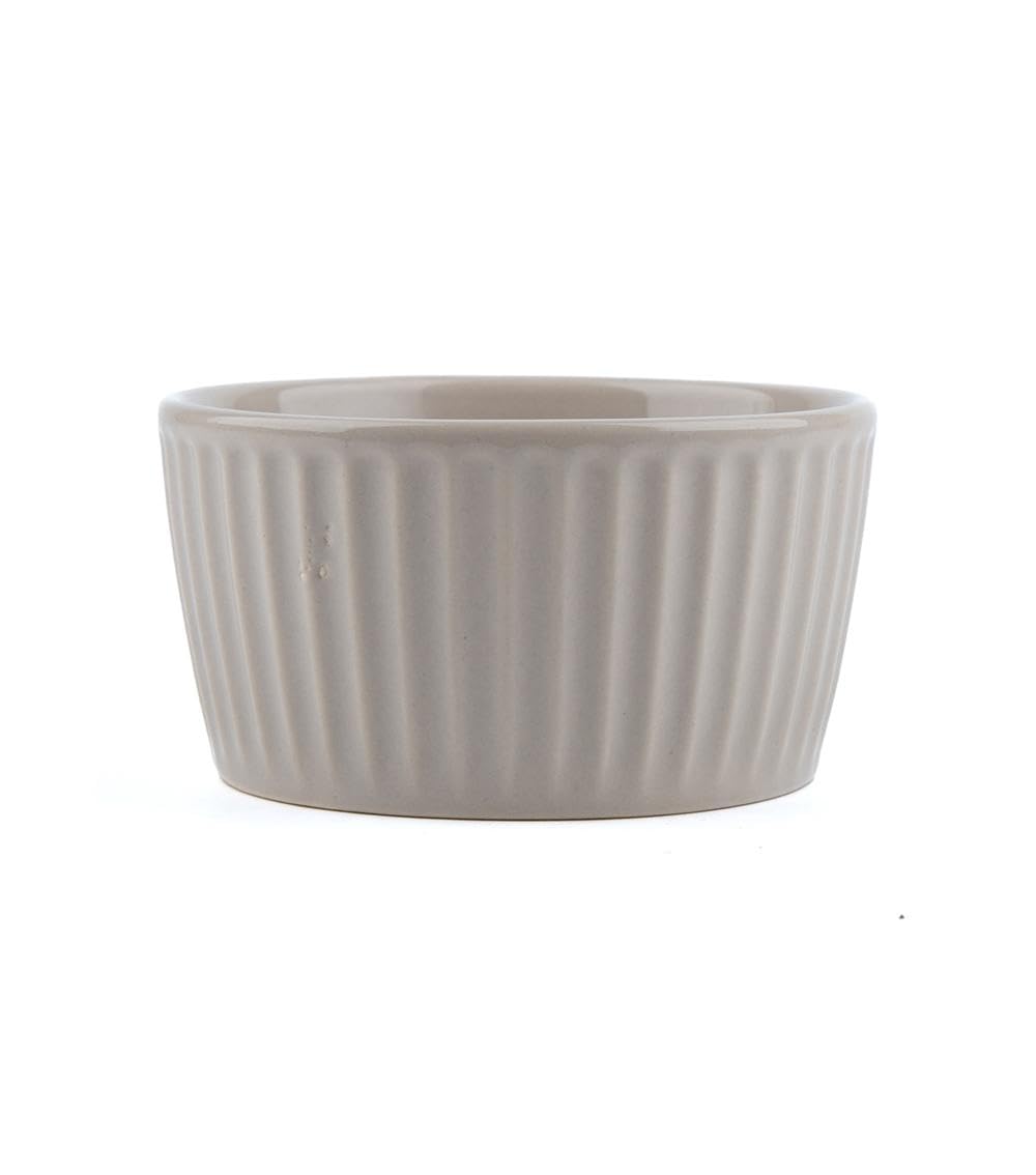 Daiso Grey Ceramic Ramekin Cocotte - Stripe Embossed Oven Safe Baking Dish Souffle Custard Cup, Microwave Dishwasher Safe Individual Serving Bowl