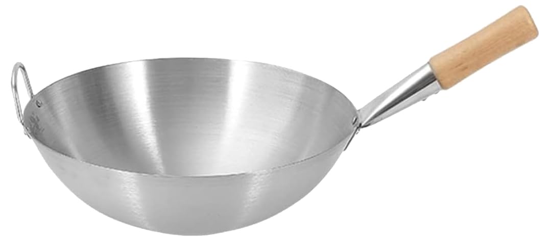 Stainless Steel Wok Pan Stir Fry Pan Deep Frying Wok Frying Skillet with Wooden Handle | 34cm
