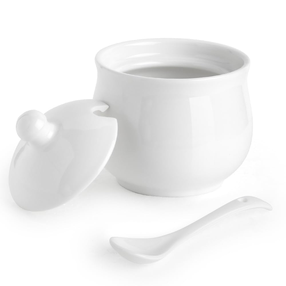 Porcelain Sugar Bowl with Lid and Spoon, Ceramic Salt Storage Jar, White Seasoning Container for Home and Kitchen, 7 Ounces (White)