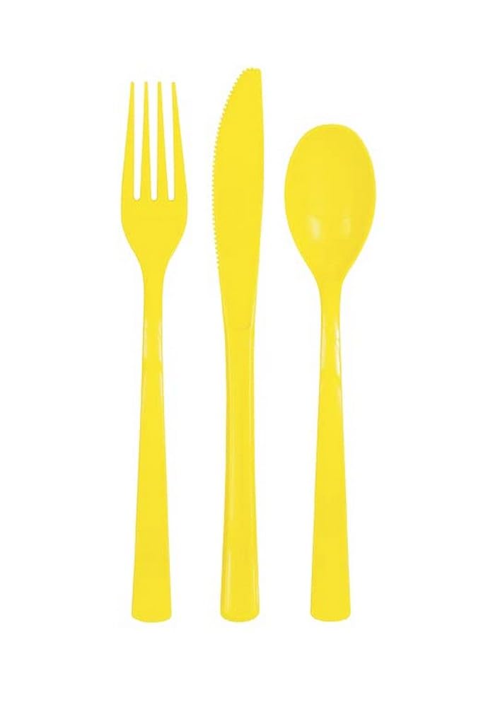 Unique Neon Yellow Plastic Cutlery Set – 18-Piece Reusable Party Utensils with 6 Forks, 6 Spoons & 6 Knives for Birthdays, Neon Parties, Kids’ Events, Picnics & Celebrations
