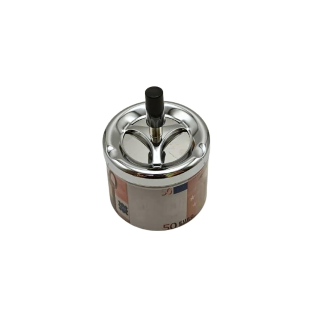 Liying Euro Currency Design Round Push Down Ashtray with Spinning Tray Metal Cigarette Ashtray (10cm) Inches Home Ashtray for Indoor and Outdoor, Home, Office Tabletop Decoration