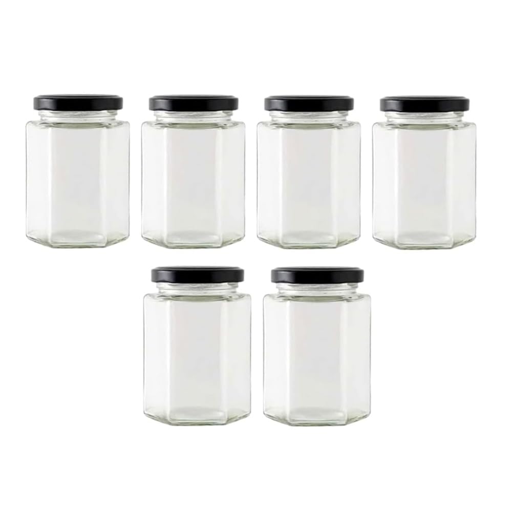 Small Glass Jars|Mini Thick Glass Jars with Twist Black Lids|Airtight Food Storage Honey Jar Favors Leak Proof Seal for Spices Sauces Gifts Wedding Party Favors DIY Sweets (6, Hexagonal, 85ML)