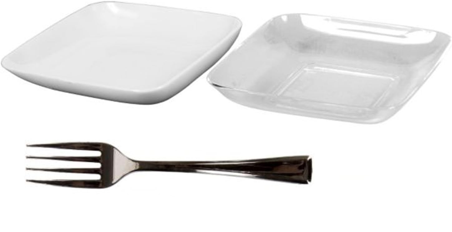 Disposable Mini Appetizer Set, 48 Pieces, Transparent/White Bowls and Silver Flatware