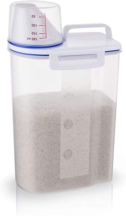 2KG Food Storage Container with Measuring Cup, Clear Plastic, 25 x 15 x 12 cm, BPA-Free, Snap-on Lid