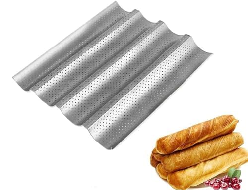 Nonstick Perforated Baguette Pan, French Stick Baking Moulds Pan Non-Stick Perforated French Bread Pan Baguette Mould for Baking 4 Loaves Wave Baker (Silver)