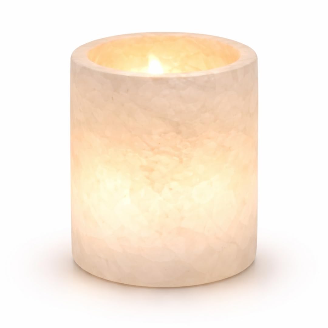 CraftsOfEgypt Single White Alabaster Candle Holder - Egyptian Tealight and Votive Candles Holders with Amber Glow for Home Décor - Natural Stone Soothing Tranquil