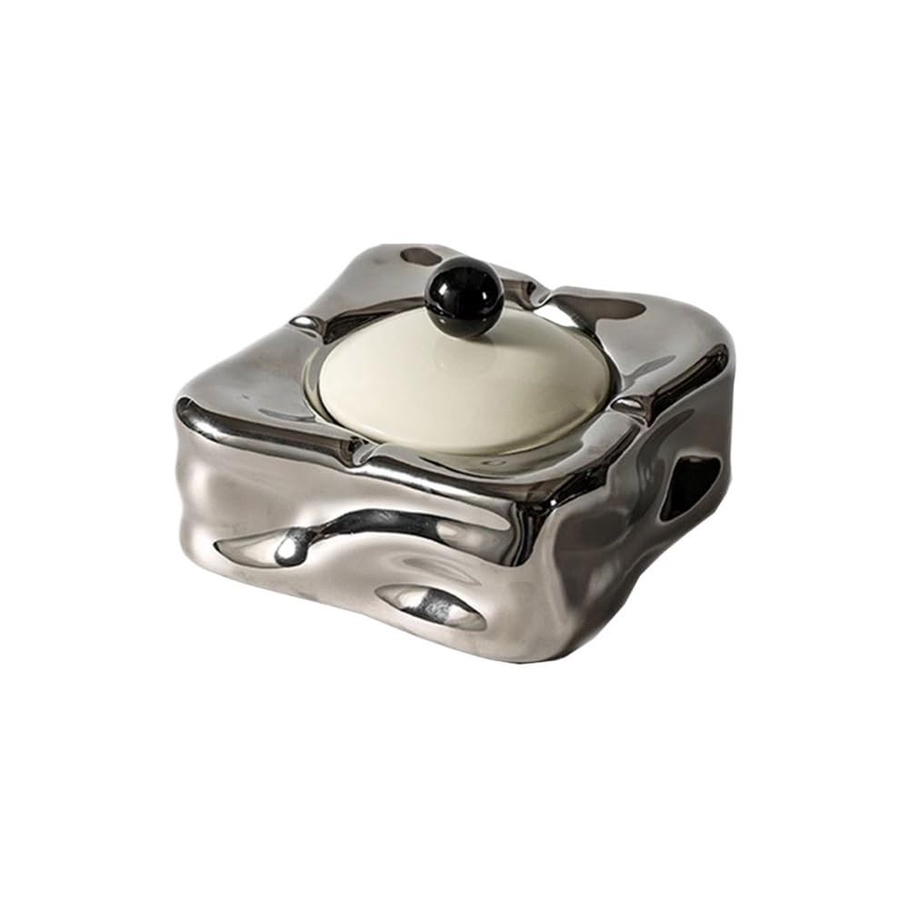 Practical ashtray Ceramic with Lids Cigarettes Accessories Outdoor Portable Ashtrays for Home Office(Silver)