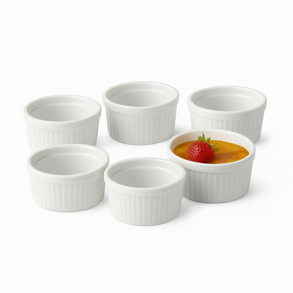 6-Piece 8 oz Ramekin Bowls – Porcelain Bakeware Set, Oven Safe for Pudding, Creme Brulee, Custard, Soufflé, and Small Desserts