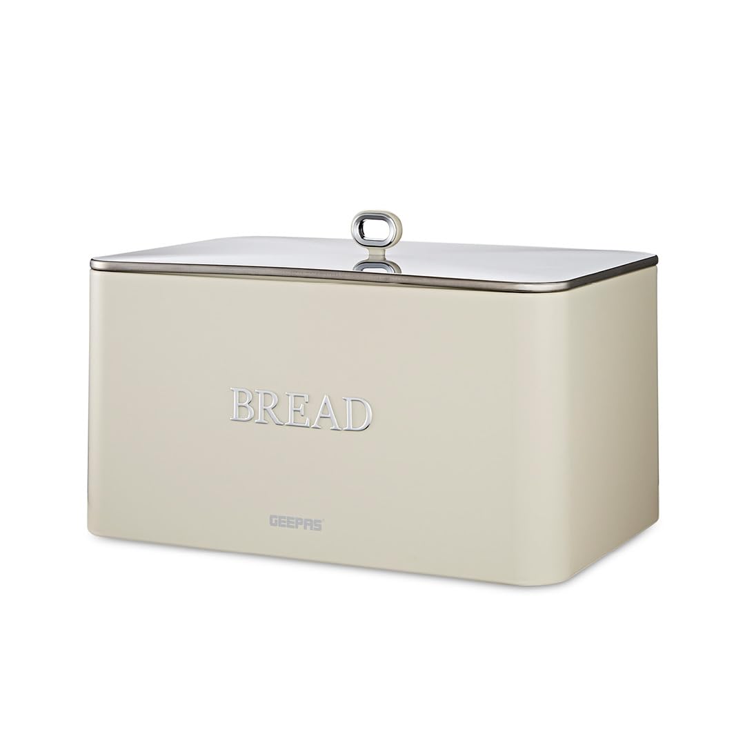 Geepas RetroWave 13L Bread Bin – Premium Carbon Steel Bread Storage Box with Removable Lid, Extended Freshness Airflow & Portable Design – Cream (GCS63081UK-CR)