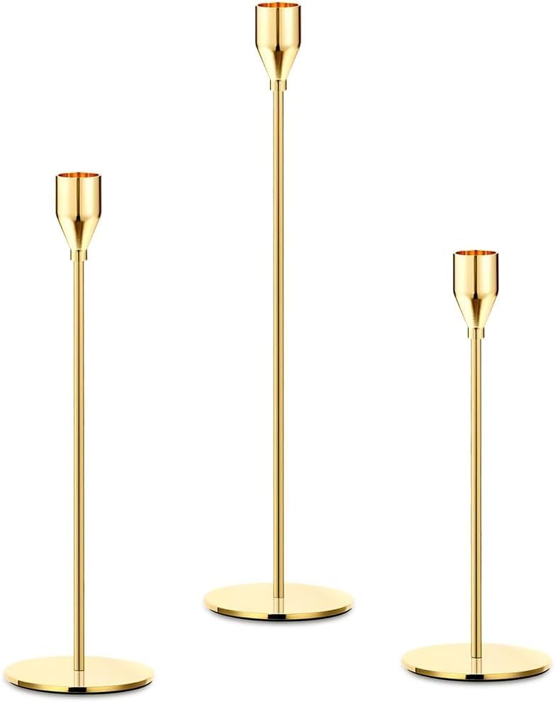 ANTOLE Candle Holder Set of 3, Gold Candlestick Holders for Taper Candles, Taper Candle Holders Fits 3/4 Inch Candle for Wedding, Party, Anniversary or Home Decor (Golden-3pcs)