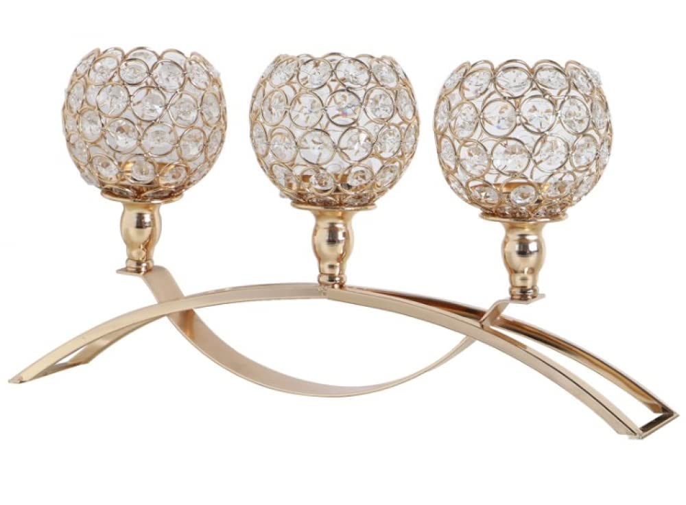 Round Bowl Candlestick Holder Silver Crystal Candle Holder 3 Branches On Foot for Wedding Table Decoration-Golden