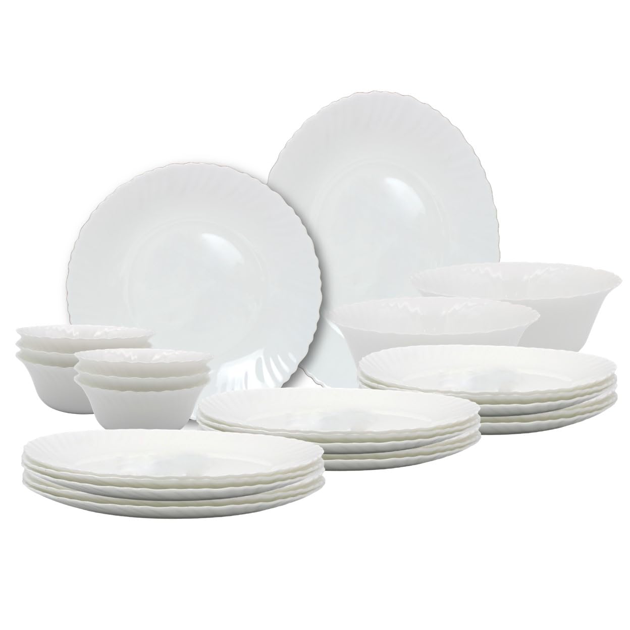 Melrich 27 Piece Opalware Dinner Set: 6 Dinner Plates, 6 Dessert Plates, 6 Soup Plates, 6 Soup Bowls, 1 Serving Plate, 1 Serving Bowl, 1 Medium Bowl - Dishwasher and Microwave Safe