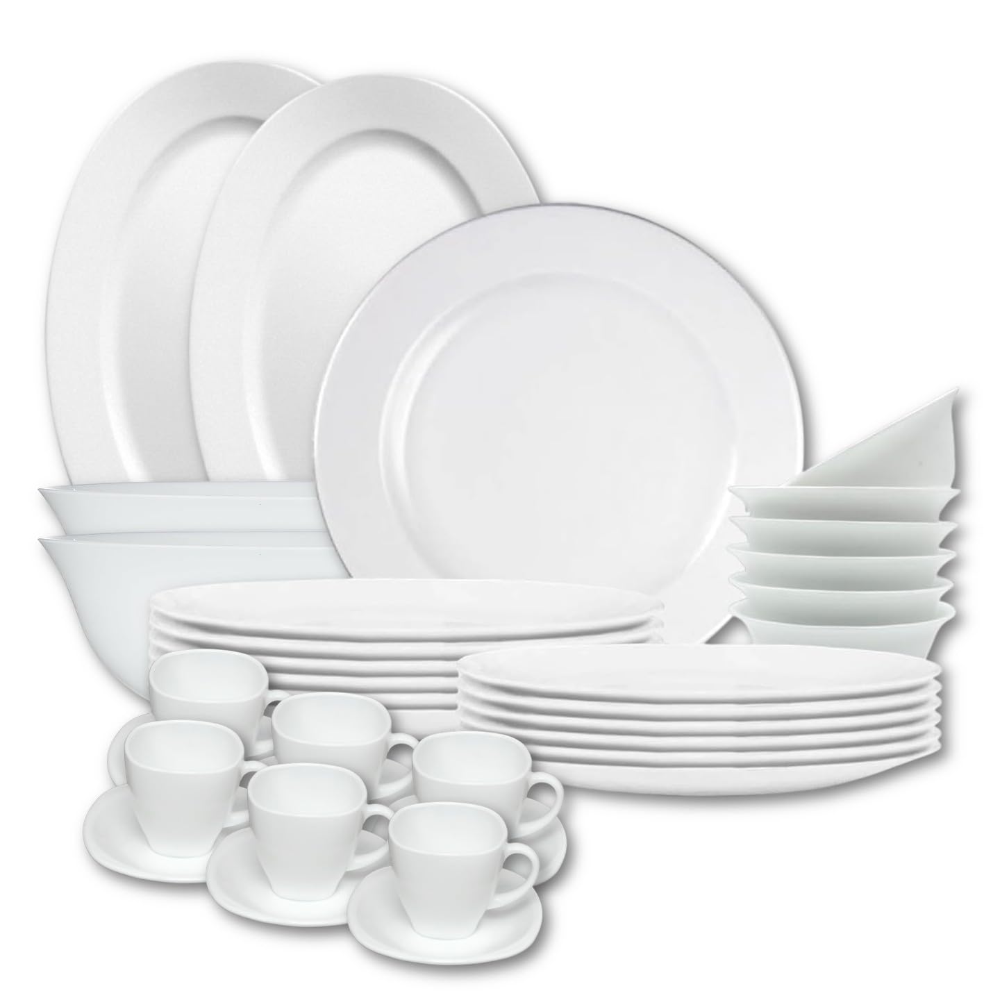Houzi 48 Pcs Opal ware Dinner set 8 Dinner plate 8 Dessert plate 8 Soup plate 8 Bowl 2 Serving plate 2 Serving bowl 6 cup 6 saucer Dishwasher Freezer Microwave safe BPA Free