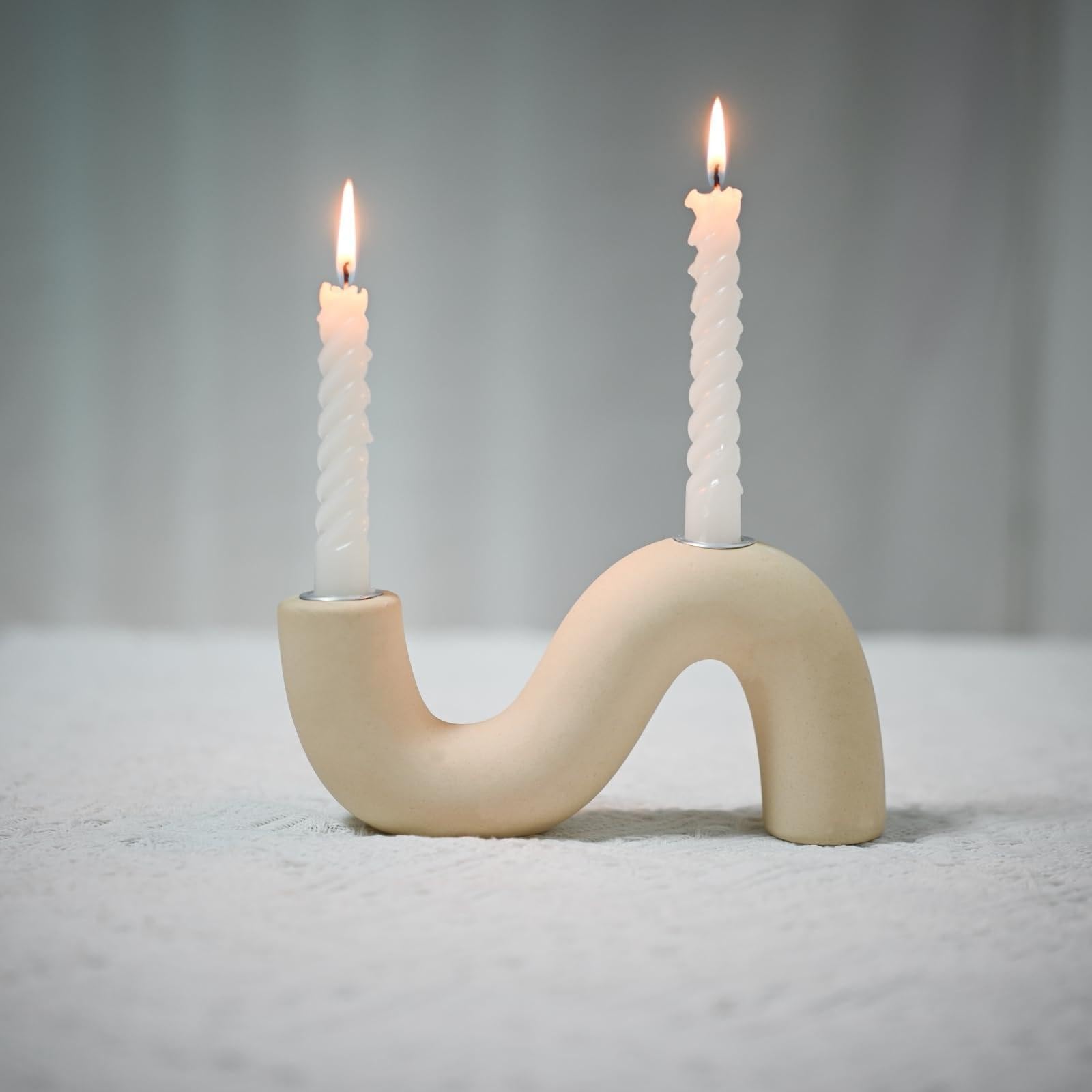 Ceramic Candle Holder Set, Creative Modern Taper Ceramic Candle Holder for Dining Table, Living Room, Home Decor & Weddings, Boho Decorative Candle Holders Vintage Home Decor - Cream