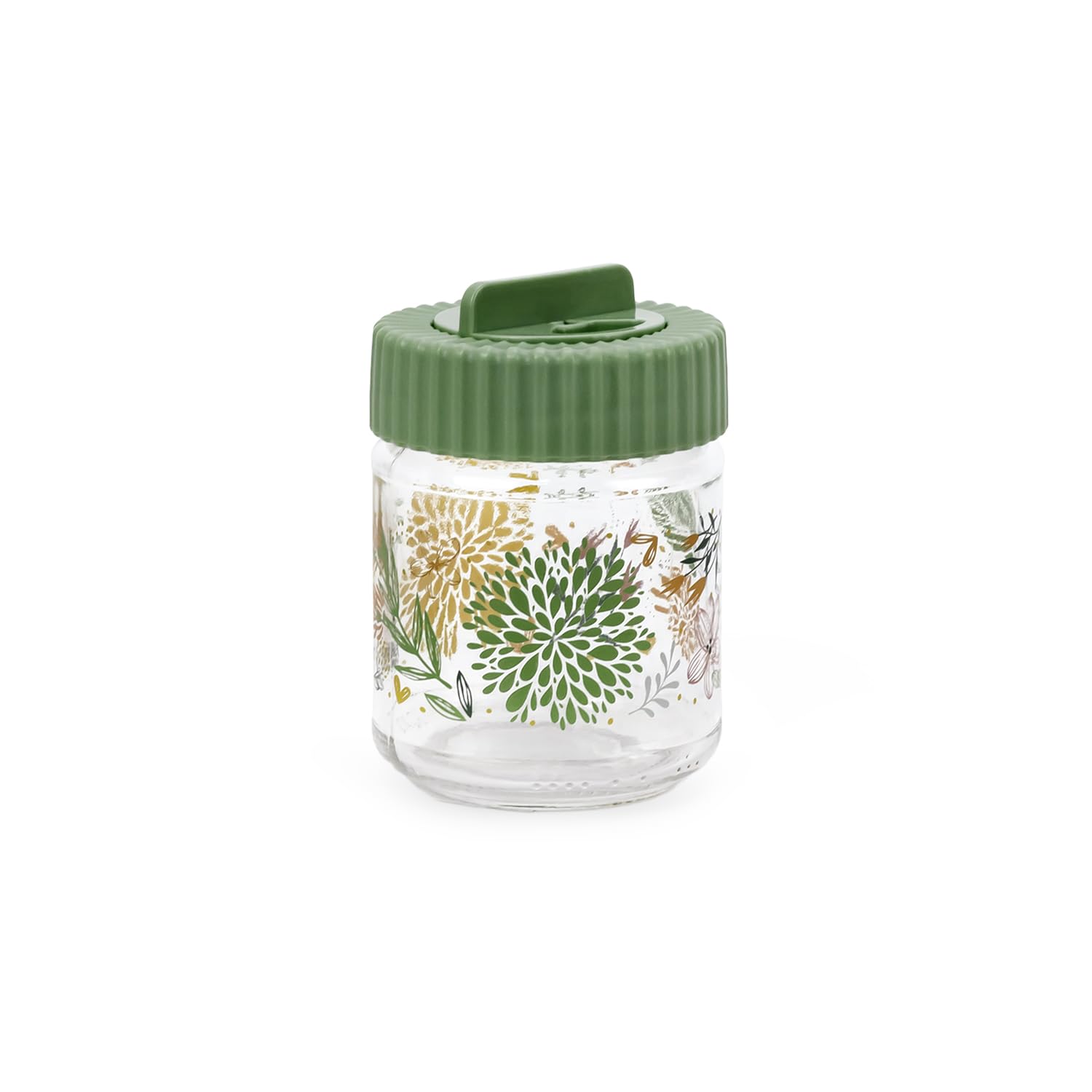 Herevin 200ml Glass Decorated Spice Jar with Airtight PP Green Lid - Botanic Design, SCT Glass Container for Kitchen Storage of Spices, Herbs, and Seasonings