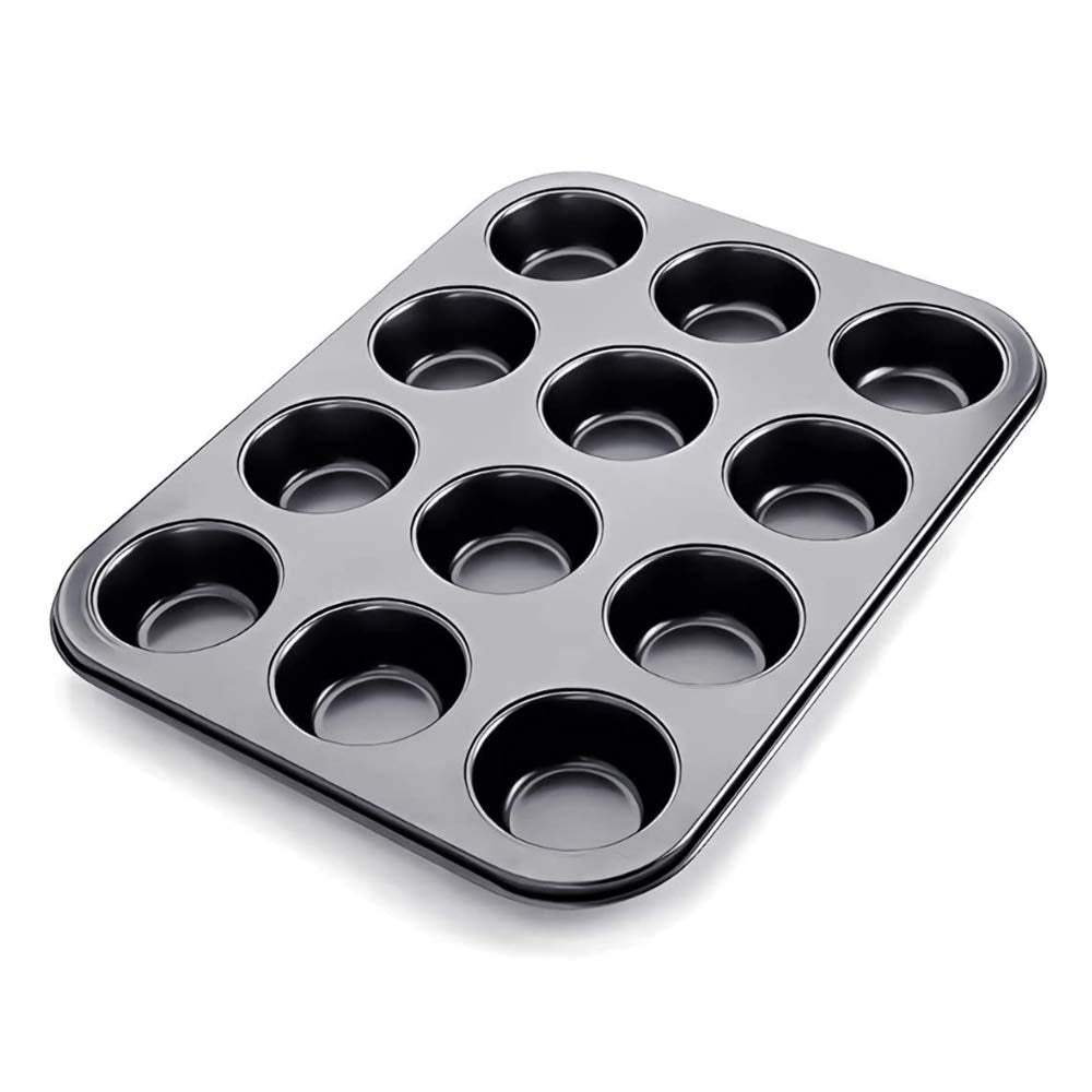 Showay Non-Stick Carbon Steel Muffin Pans - Pair Of Cupcake Cookie Sheet Pan Style For Baking, Muffin Pans W/ 12 Cups Cupcake Baking Tray (Black)