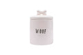 Creative Co-Op Woof Ceramic Dog Treat Jar With Bone Handle In Lid, 6" Round X 8.5" Tall, White