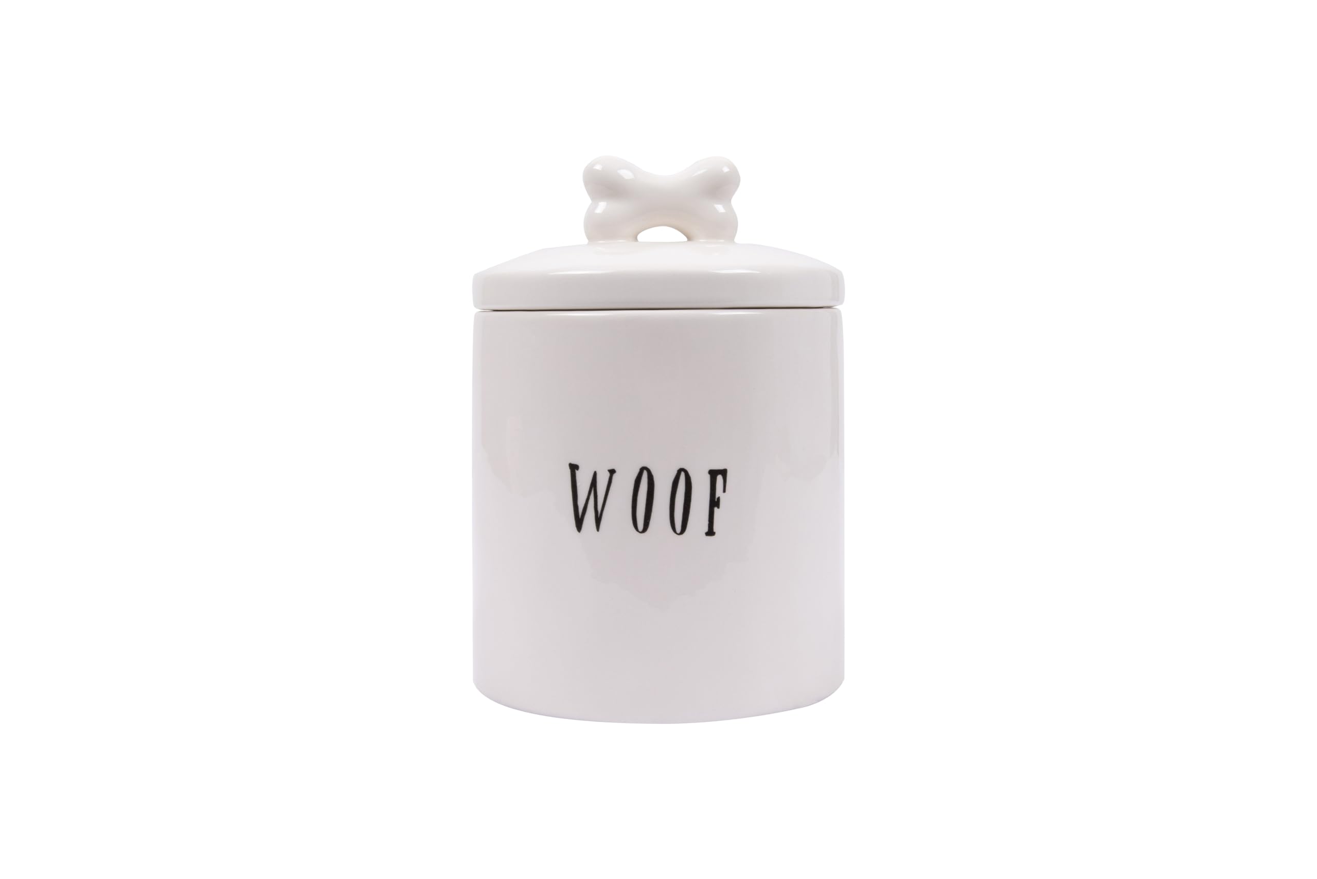 Creative Co-Op Woof Ceramic Dog Treat Jar With Bone Handle In Lid, 6" Round X 8.5" Tall, White