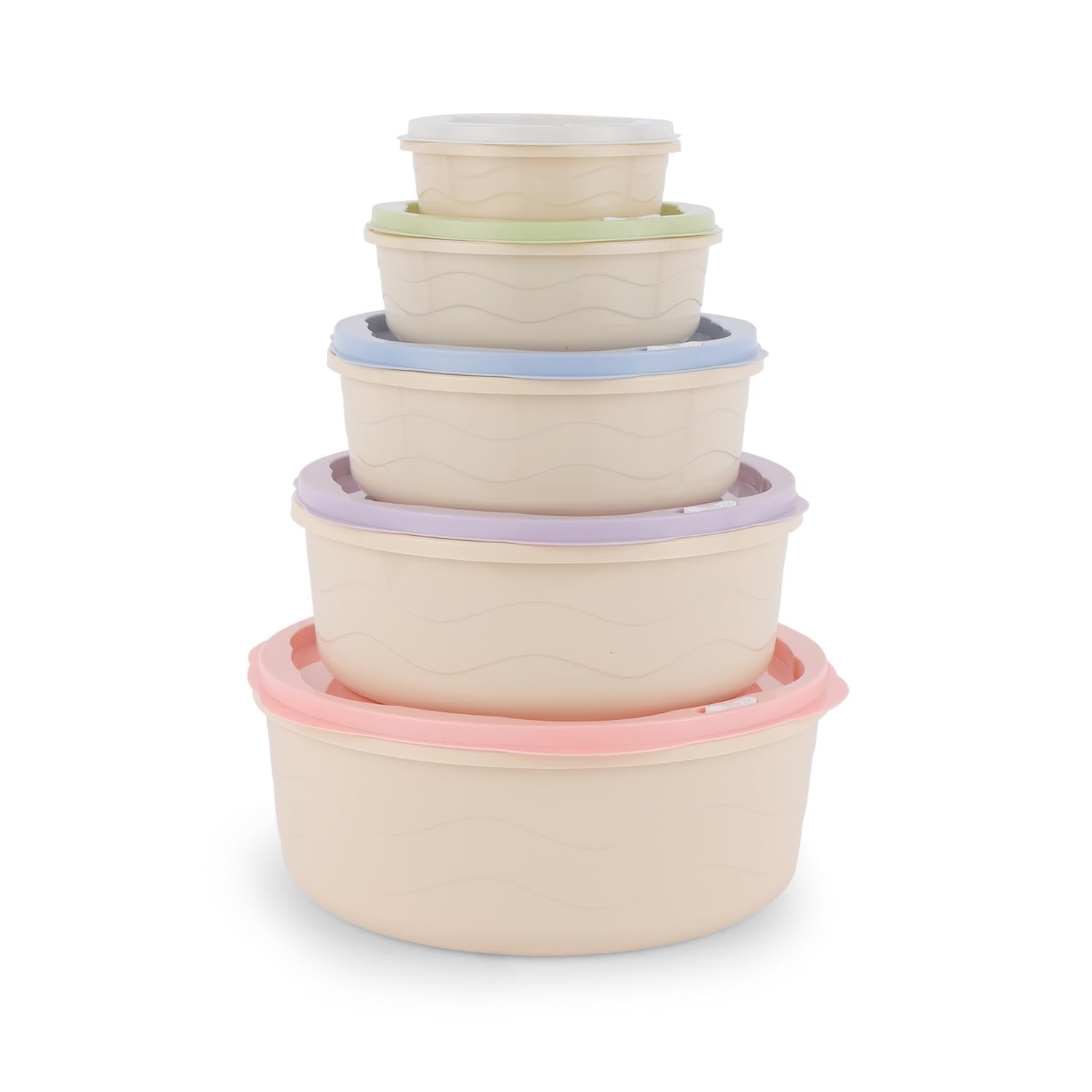 Royalford 5pcs Plastic Storage Box Set RF12181 Food Storage Round Containers Smart Lock Lid Airtight Odour Free Dishwasher & Freezer Safe