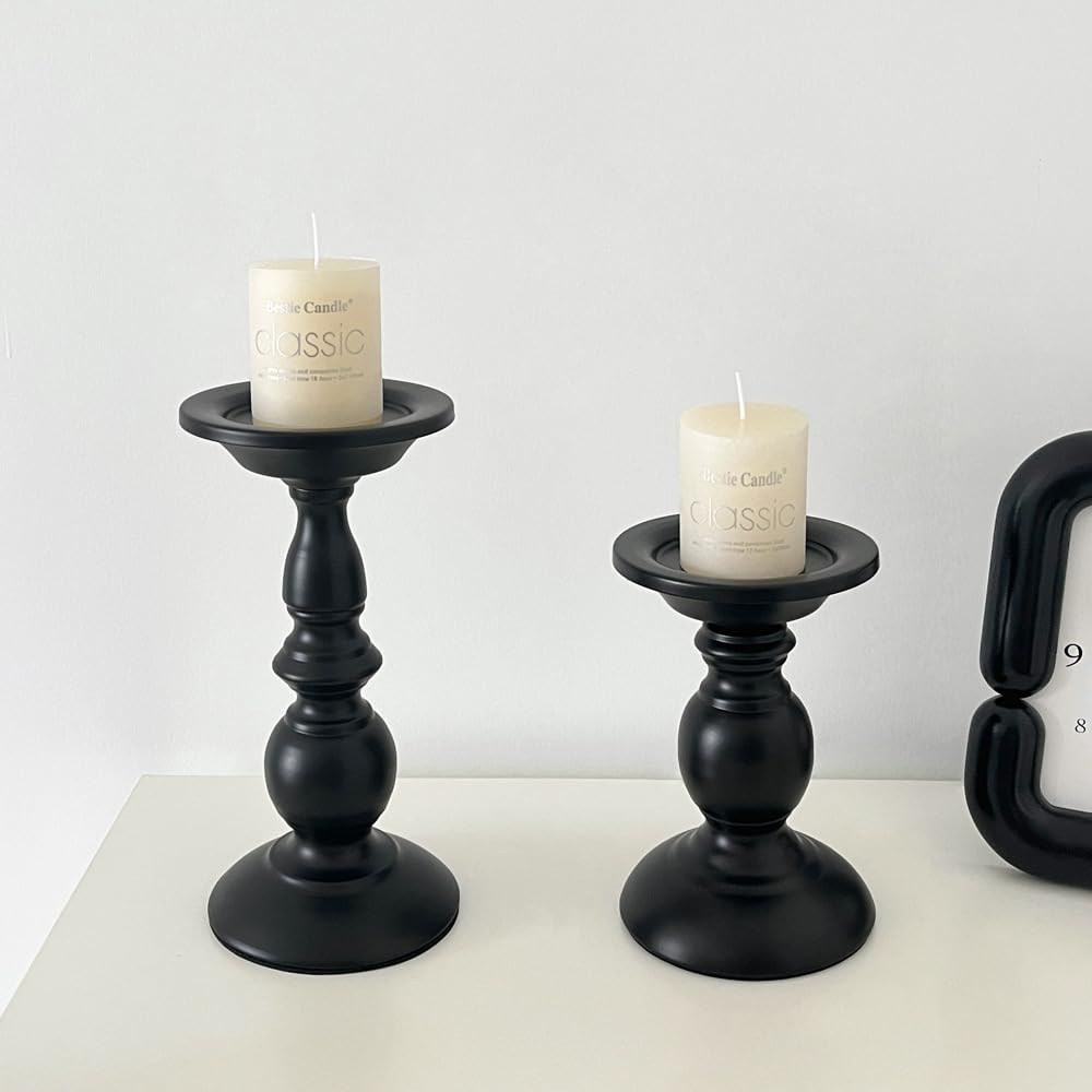 Pillar Candle Holders,Vintage Candle Holder for Table Centrepiece & Fireplace Decor,Decorative Antique Candle Stand for Dining & Living Room Decoration(Black, 8.66”×4.13”×4.13”)