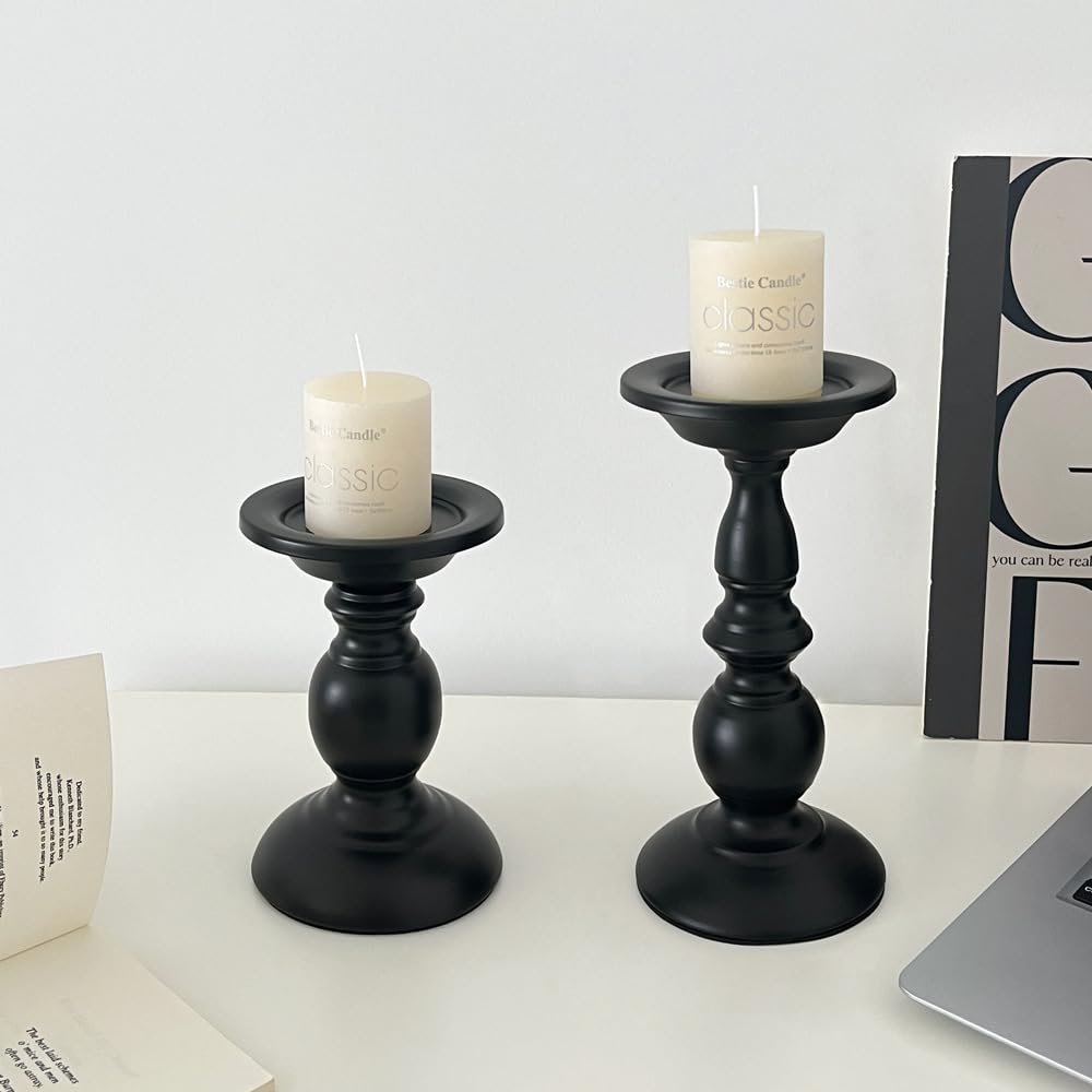 Pillar Candle Holders,Vintage Candle Holder for Table Centrepiece & Fireplace Decor,Decorative Antique Candle Stand for Dining & Living Room Decoration(Black, 6.3”×4.13”×4.13”)