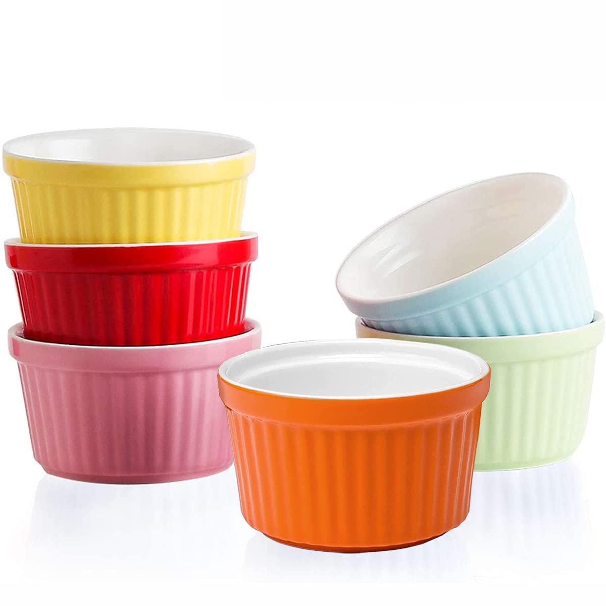 Angju 8 OZ(226ml) Ramekins Oven Safe - Porcelain Souffle Dishes Bakeware Set, Baking Cups for Creme Brulee and Souffle, Set of 6, Hot Assorted Color