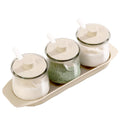 Salt and Sugar Container Set with Lids and Spoons, 3Pcs Stylish Simple Clear Glass Jars with Spoon, 10oz Condiment Jar Container for Salad, Coffee Bar Kitchen Countertop (Beige)