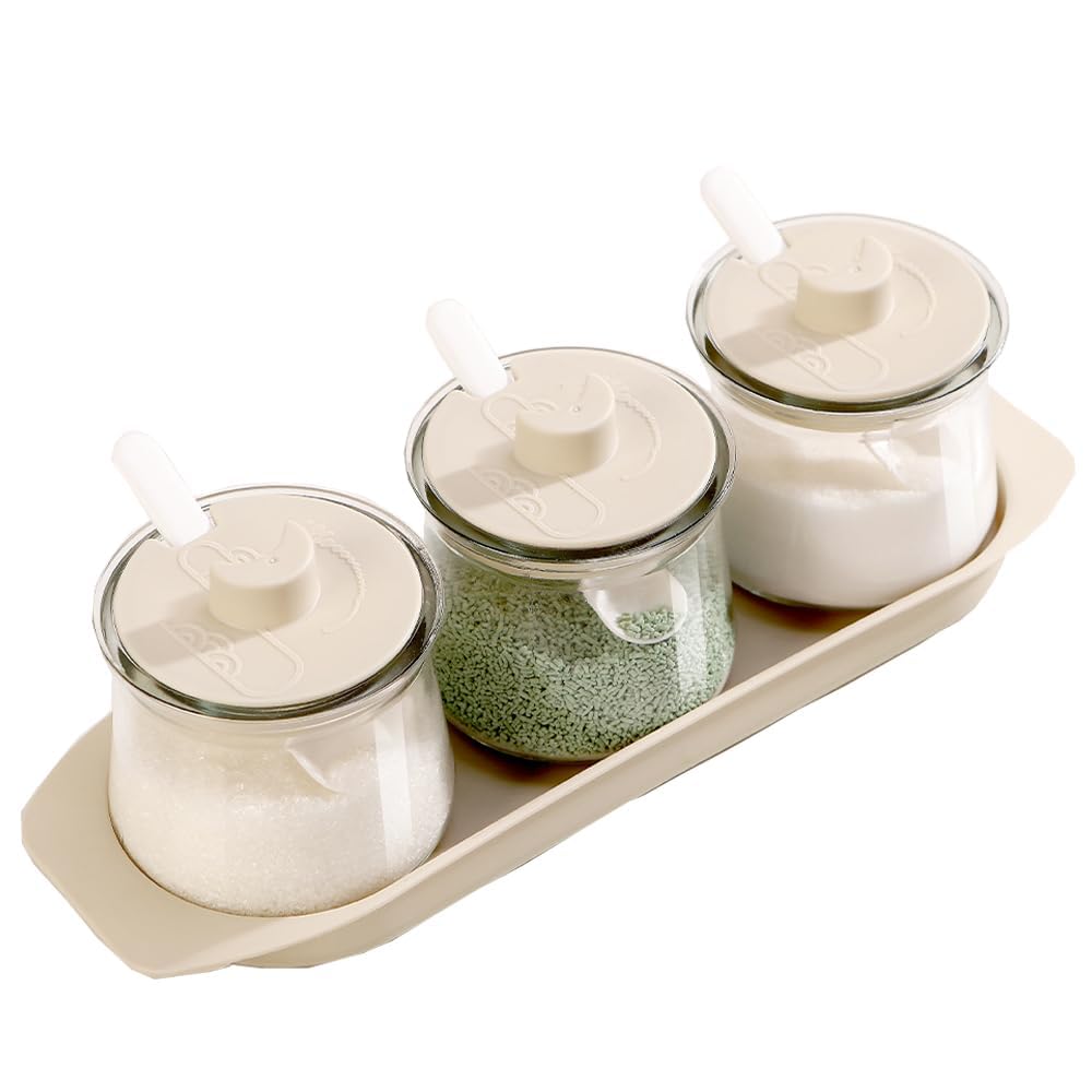 Salt and Sugar Container Set with Lids and Spoons, 3Pcs Stylish Simple Clear Glass Jars with Spoon, 10oz Condiment Jar Container for Salad, Coffee Bar Kitchen Countertop (Beige)
