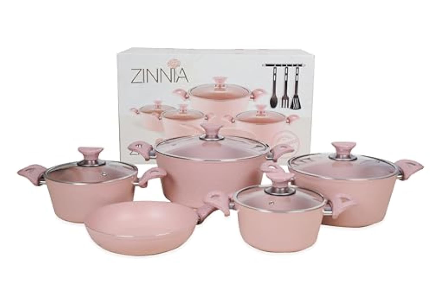 Zinnia Non Stick Aluminium Granite Coating Cookware 12-Piece Set with Glass Lid, Assorted Color