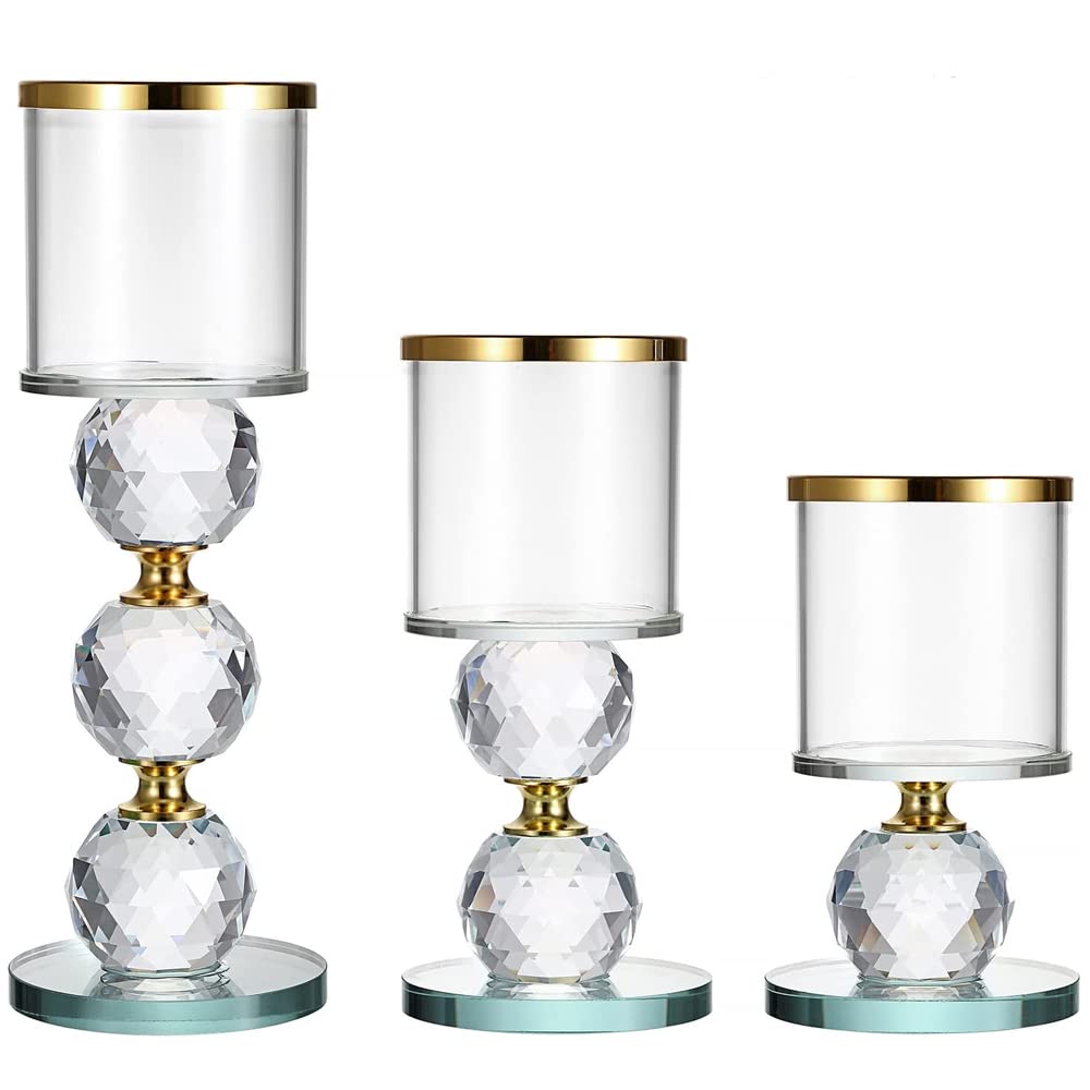 WEIN Crystal Glass Candlestick Holders Pillar Candle Holders Set of 3 with Glass Covers, Modern Clear Glass Tea Light Candle Sticks Votive Candle Stands for Table Centerpiece Wedding Decor