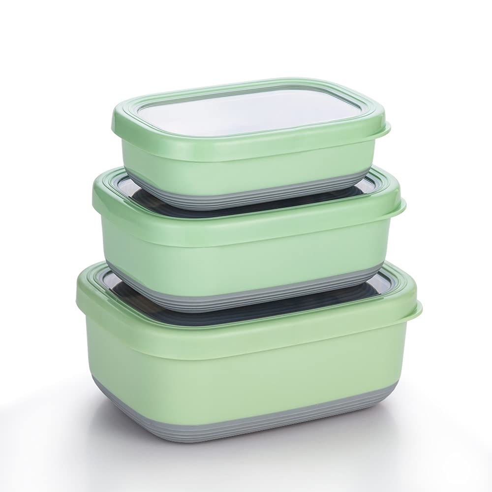 Lille Home Premium Stainless Steel Food Containers/Bento Lunch Box With Anti-Slip Exterior, Set of 3, 470ML, 900ML,1.4L, Leakproof, BPA Free(Green)