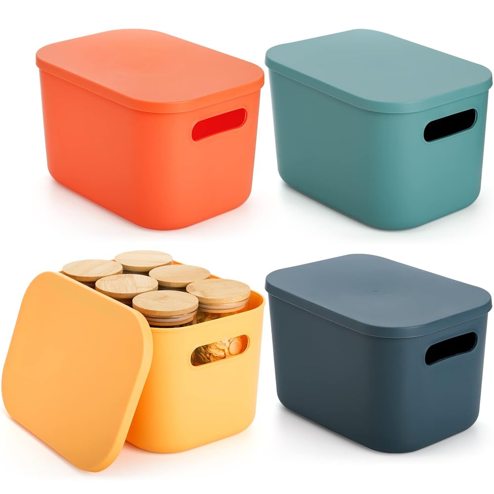 4 PCS Plastic Storage Bins with Lid and Handles, AZONEE Colorful Stackable Storage Baskets for Organizing Bathroom, Kitchen, Pantry, Shelves, Plastic Baskets for Organizing (10" x 7" x 6.3")