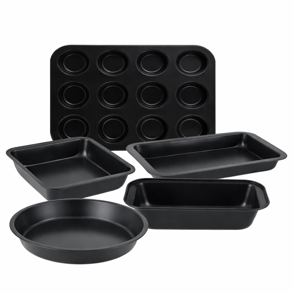 5Pc Non Stick Black Carbon Steel Bakeware Set with Muffin Tray Oven Tray Cake Pan Loaf Pan and Springform Cake Tin Oven Safe Baking Essentials