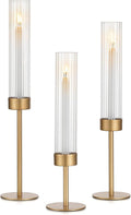 Yelajoy Glass Hurricane Candleholder Set of 3 - Elegant Gold Candlesticks with Ribbed Glass Cylinder, Perfect for Wedding Table Centerpiece Decor