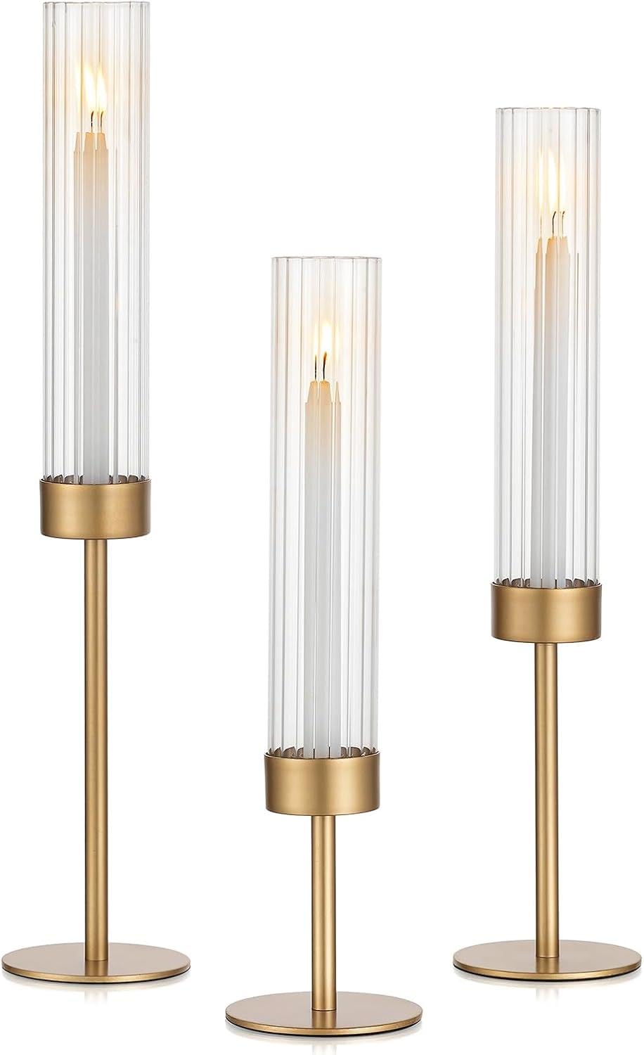 Yelajoy Glass Hurricane Candleholder Set of 3 - Elegant Gold Candlesticks with Ribbed Glass Cylinder, Perfect for Wedding Table Centerpiece Decor