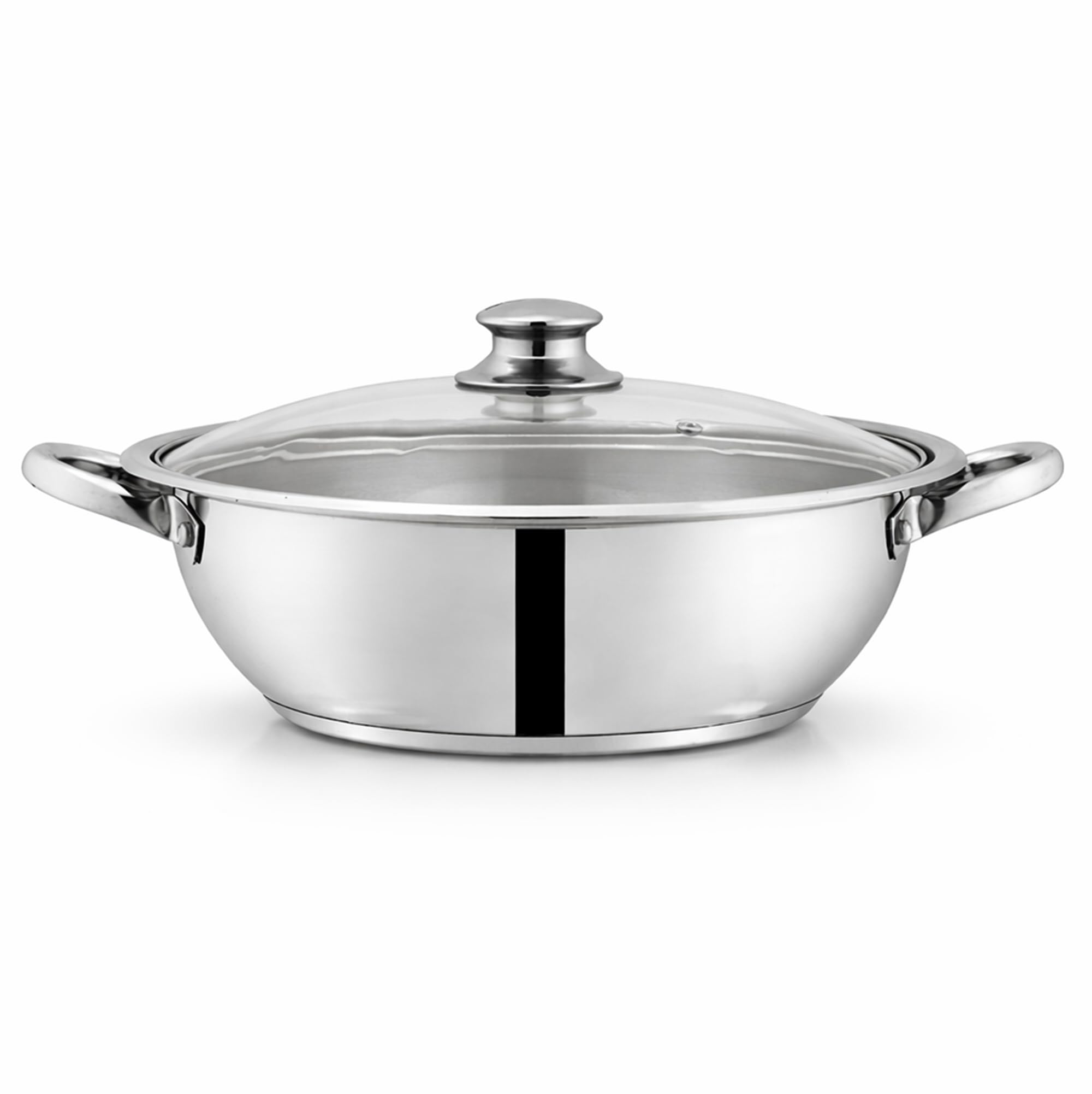 SONEX COOKWARES Mega Wok/Kadai, (5 Ltr) Stainless Steel – Glass Lid with Steam Vent, Durable Handles, Sandwich Bottom for Even Heating, Sleek Modern Design for Efficient and Stylish Cooking (28cm)