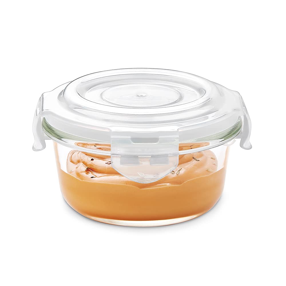 BOROSIL KLIP-N-STORE ROUND GLASS STORAGE CONTAINER WITH AIR TIGHT LID FOOD STORAGE CONTAINER MICROWAVE SAFE CONTAINER 240 ML
